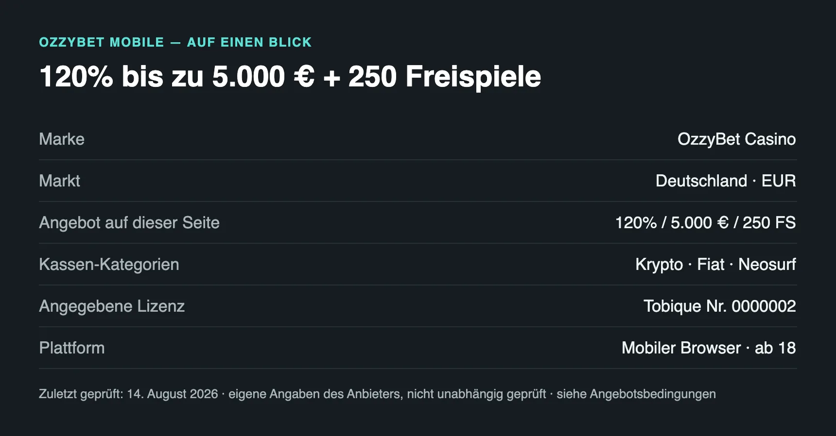OzzyBet Mobile auf einen Blick: internationaler Markt, Krypto/Fiat/Neosurf-Zahlungskategorien, Tobique-Lizenzangabe, Spiel im Mobile-Browser